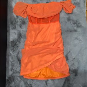 Orange chiffon panel insert drape body con dress.